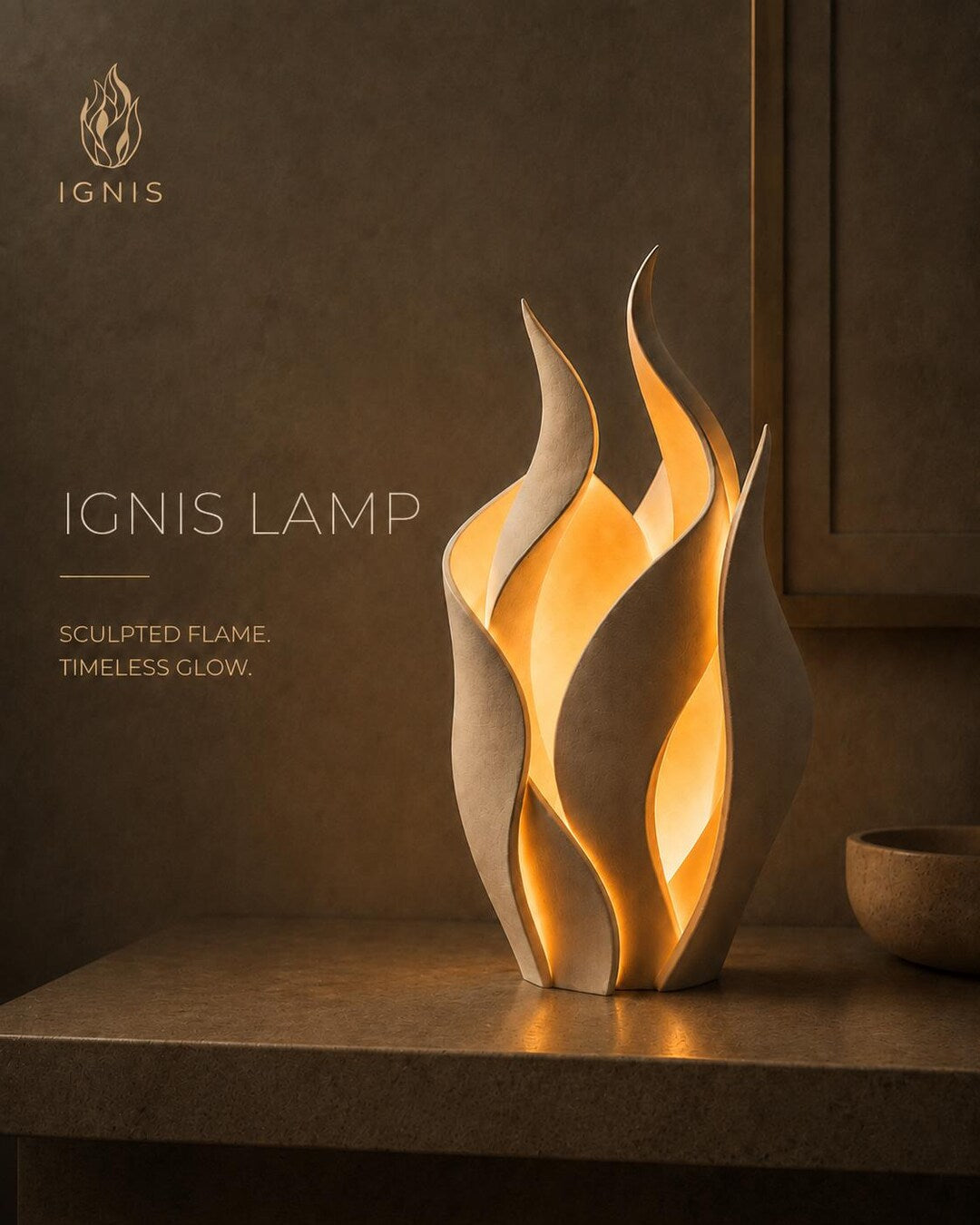 Lámparas escultóricas Ignis y Calix de Vulcan3D iluminadas