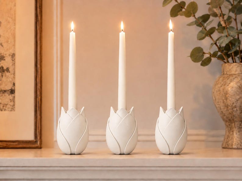 Trío de portavelas Tulipán de diseño floral minimalista