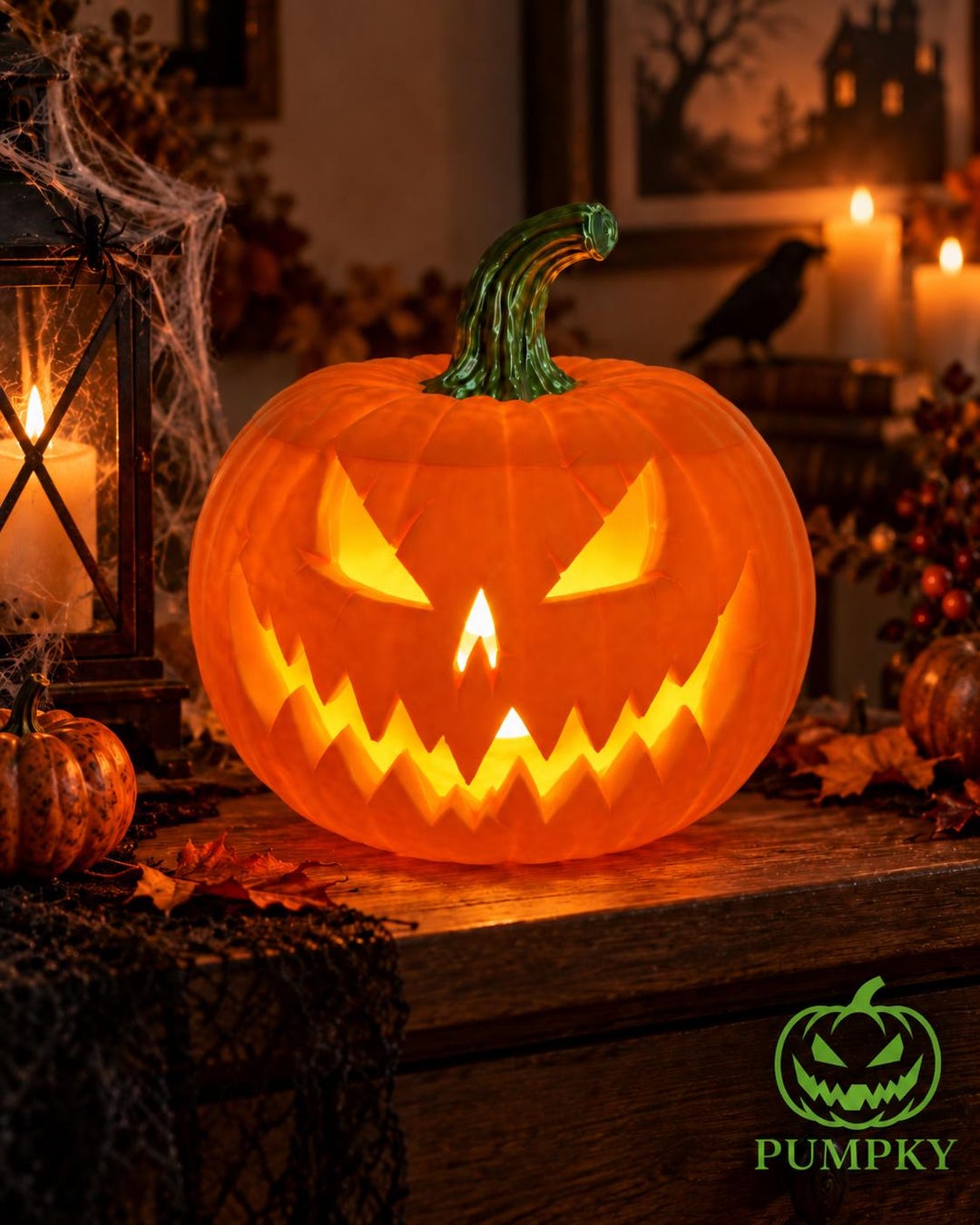 Calabaza decorativa Pumpky color naranja con vela LED encendida