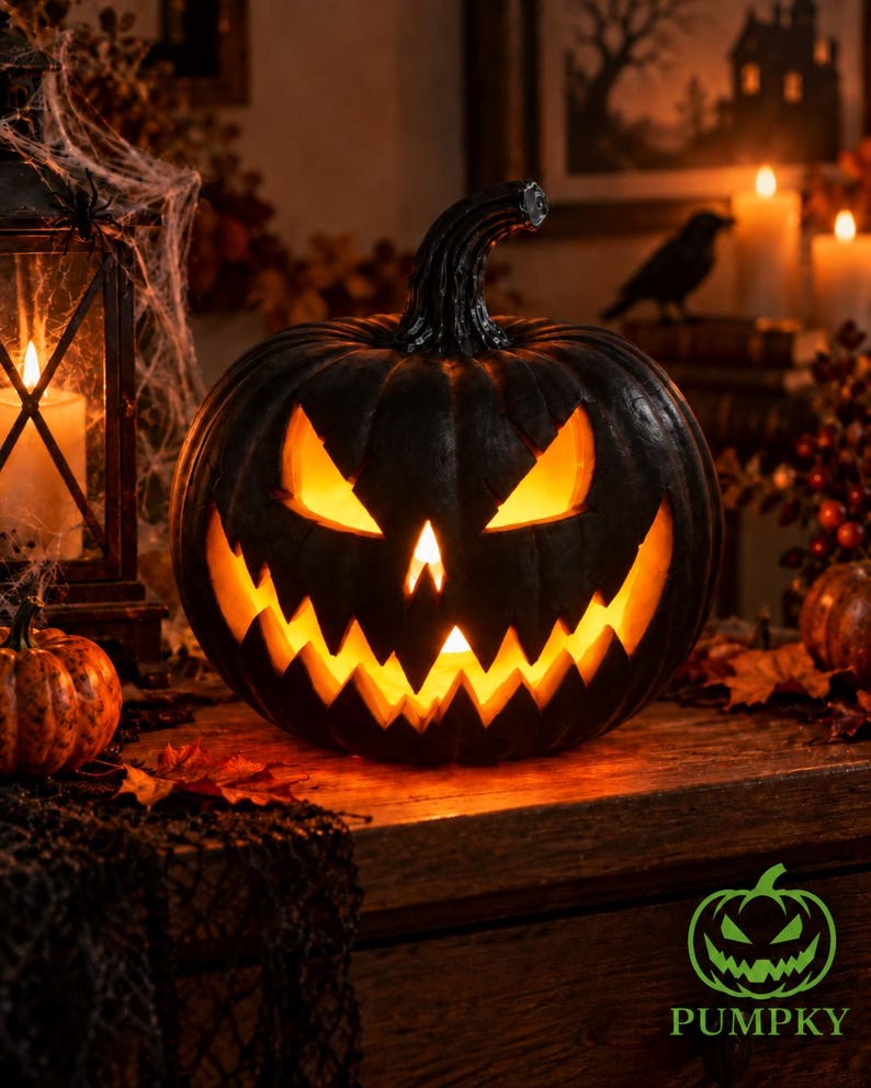 Calabaza decorativa Pumpky color negro gótico con vela LED